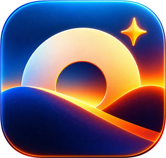 Ombo app icon: a glowing sunrise over rolling hills