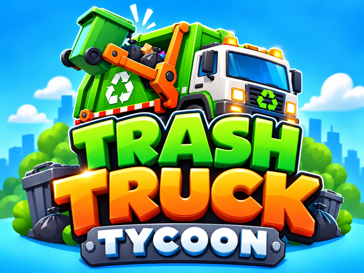 Trash Truck Tycoon logo over a sunny city skyline